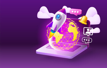 Landing page laptop creative idea, website banner message. Vector illustration