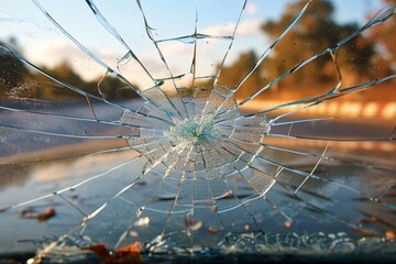 Broken windshield with cracks of the car