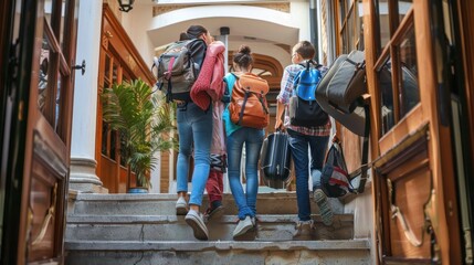 Fototapeta premium Loving Family Assisting Student with Carrying Belongings to Freshman Dorm Room