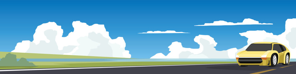 Obraz premium Landscape view of yellow car driving on asphalt road. Background of meadow and beach. under blue sky and white clouds.