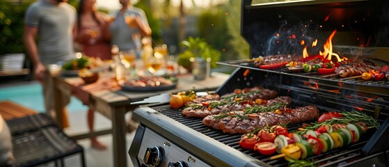 A barbecue cookout in a modern backyard, with a sleek gas grill, assorted meats and vegetables, and guests mingling with drinks in hand