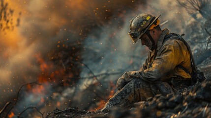 A firefighter sits solemnly, covered in soot and ash, taking a moment to rest as flames rage and smoke fills the air around him