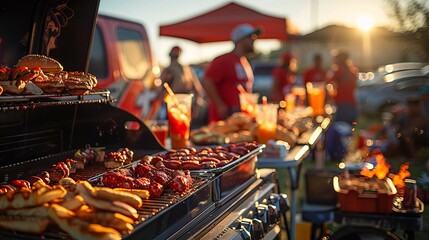 A barbecue tailgate party with a grill in the back of a truck, fans wearing team colors, and a variety of snacks and drinks on tables