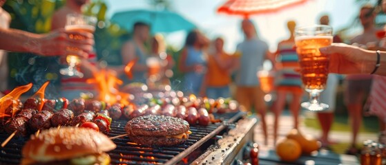 A festive barbecue with a group of friends toasting with drinks, a grill loaded with burgers and hot dogs, and colorful decorations in the background