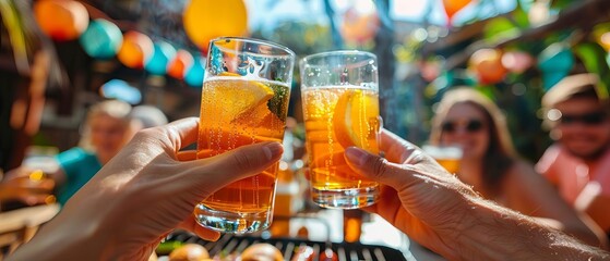 A festive barbecue with a group of friends toasting with drinks, a grill loaded with burgers and hot dogs, and colorful decorations in the background