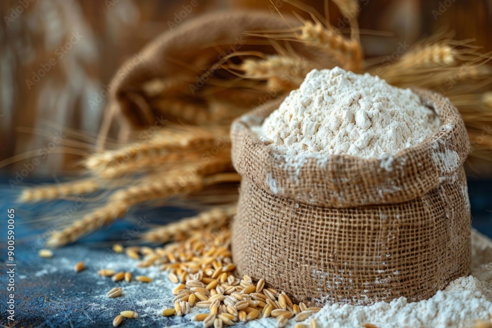 Poster sack of flour resting on table with wheat stalks surrounding