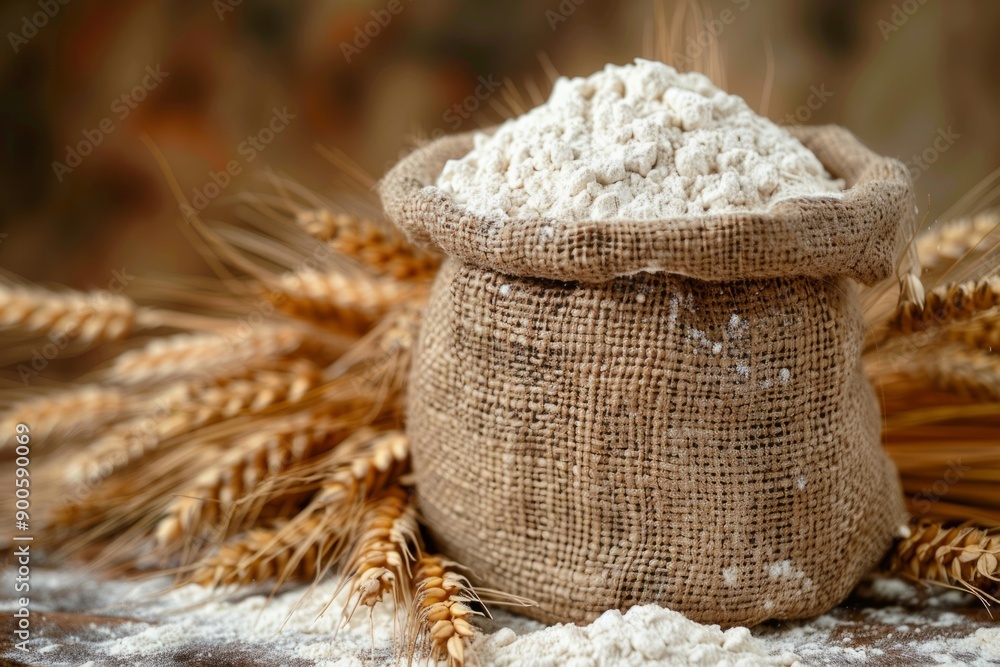 Poster sack of flour resting on table with wheat stalks surrounding