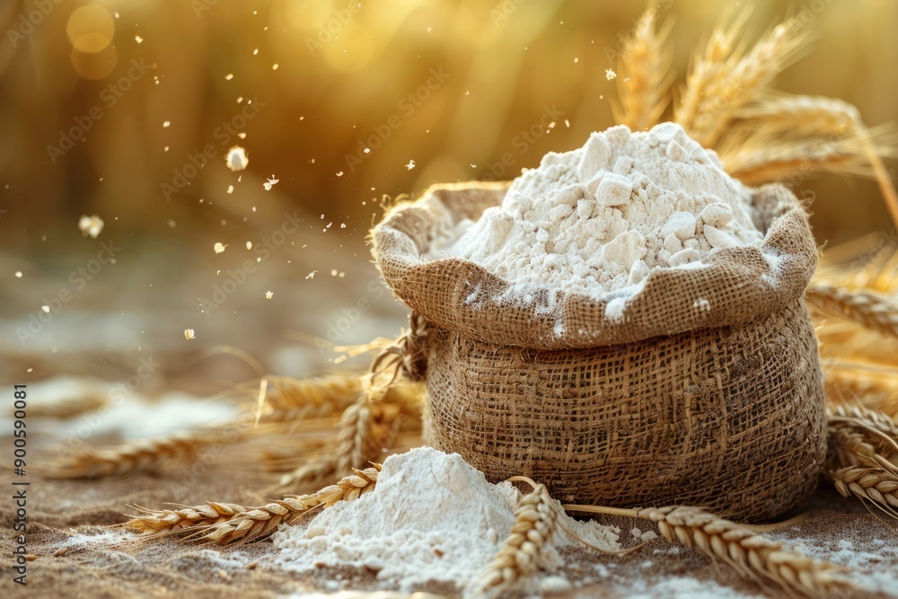 Poster sack of flour resting on table with wheat stalks surrounding