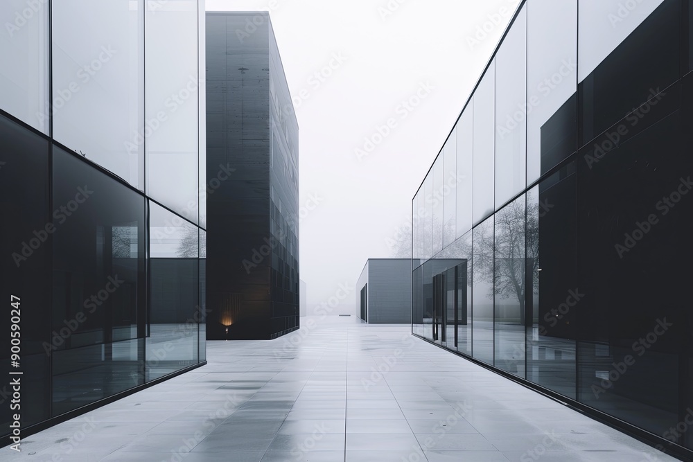 Poster modern minimalist urban landscape featuring clean lines and soft lighting in a foggy environment