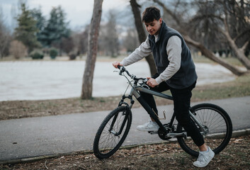 Teenage boy enjoying a leisurely bike ride in the park