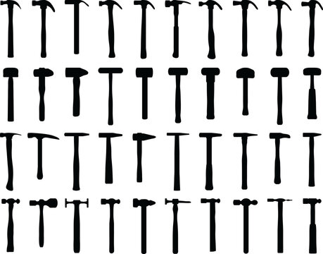 black hammers silhouettes, various shapes, tools clip art preview