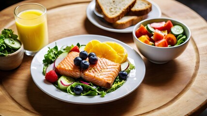 Full healthy breakfast, delicious salmon toast - fresh fruits and vegetables salad - low carb high protien and high fiber with good fat