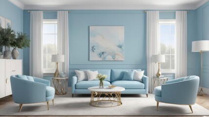 Fototapeta premium Contemporary living room with celeste accent color, sky blue furnishings and walls