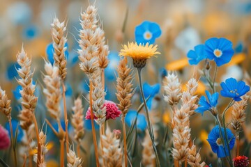 Wildflowers and wheat growing together in harmony in a field