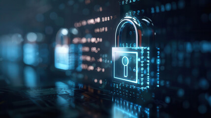 A 3D animated scene featuring intricate digital locks and encrypted codes to signify high-tech security measures