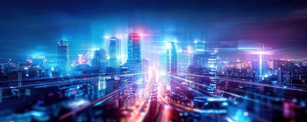 Fototapeta premium A cityscape at night illuminated by holographic projections and augmented reality displays