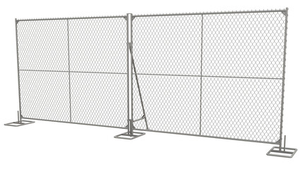 3D render showcases a robust and adaptable chain link fence panel equipped with a stabilizer for enhanced stability and security. Ideal for temporary construction sites, events, or outdoor projects.