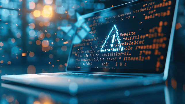 A laptop displaying a warning message amidst a backdrop of error codes,