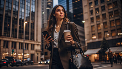 Obraz premium Smiling businesswoman in stylish fashion talking on cellphone, walking confidently through bustling urban city street