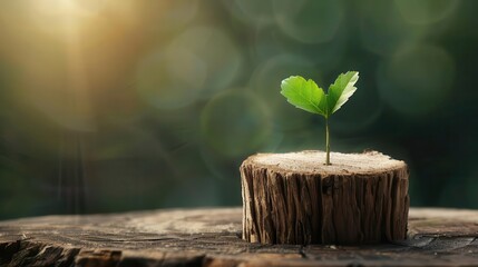 An ancient tree stump with a fresh, green plant emerging from its top as a poignant symbol of life being reborn.