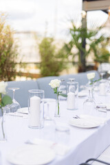 Beautiful table set for an event party or wedding reception . restaurant interior