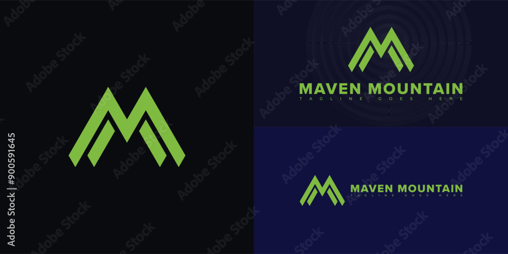 Poster abstract mountain initial letter m or mm in green color isolated on multiple background colors. the 