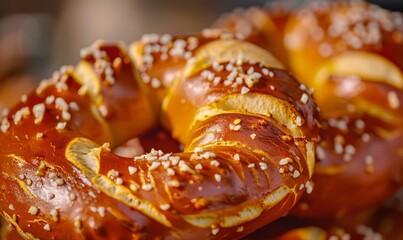 Close-up of a delicious Bavarian pretzel with a crispy golden crust at the Oktoberfest festival.