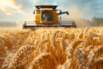 combine harvester in a field collects wheat crops