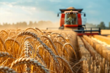 combine harvester in a field collects wheat crops
