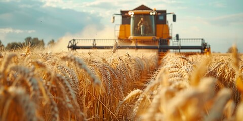 Combine harvester harvesting ripe wheat on sunny day