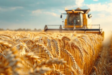 Ears of wheat in a field against the background of a combine harvester