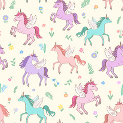 Seamless repeat pattern with flying pastel colors winged pegasus unicorns pegacorns surrounded by cute flowers, leaves and branches on cream. Great for baby, girls, fairy projects.