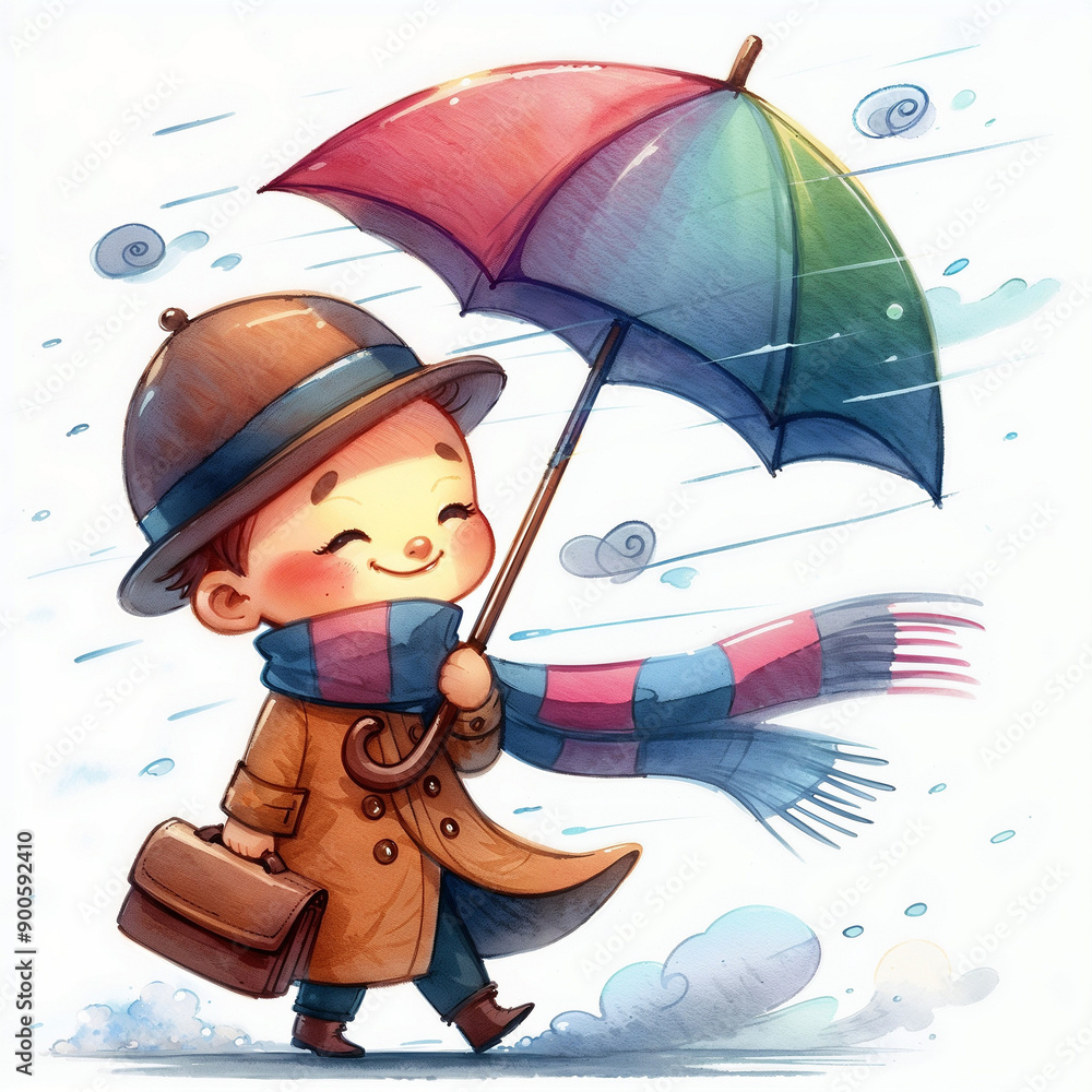 Sticker Cute cartoon person with umbrella on white background. AI 