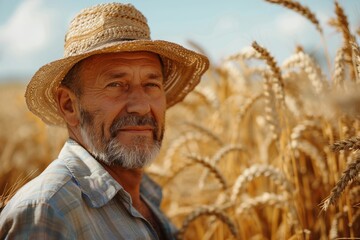 Fototapeta premium Farmer in a straw hat in a wheat field