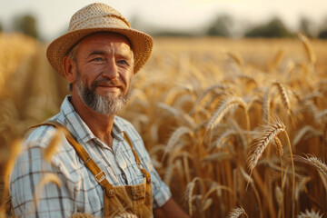 Fototapeta premium Farmer in a straw hat in a wheat field