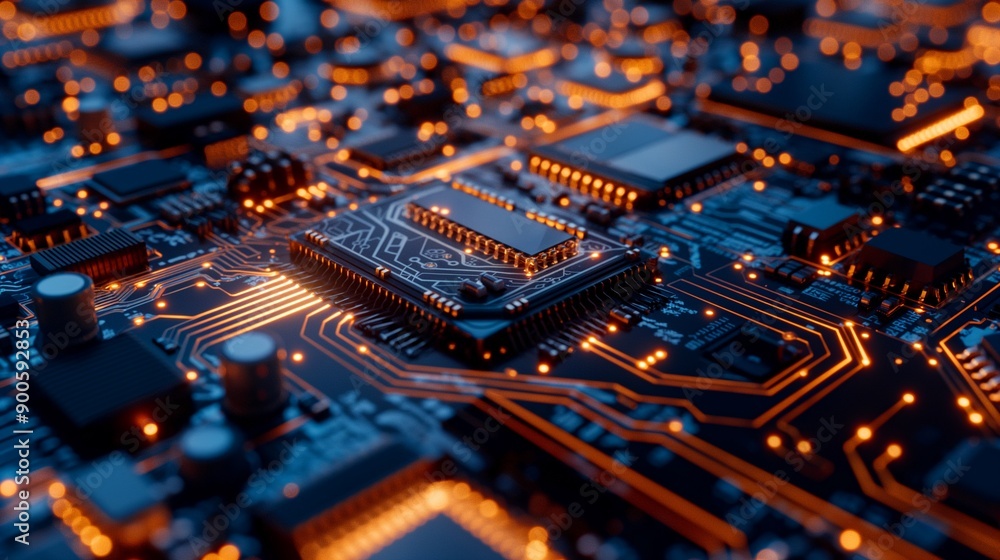 Poster a mesmerizing close-up of a circuit board, bathed in warm, glowing light, showcasing the intricate w