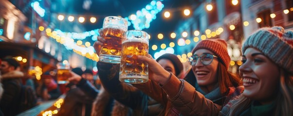 Obraz premium Friends raising their beer steins in a joyful toast under festive Oktoberfest lights.