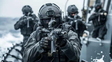 Armed rangers disembark from boat into sea waves for combat mission on the shore