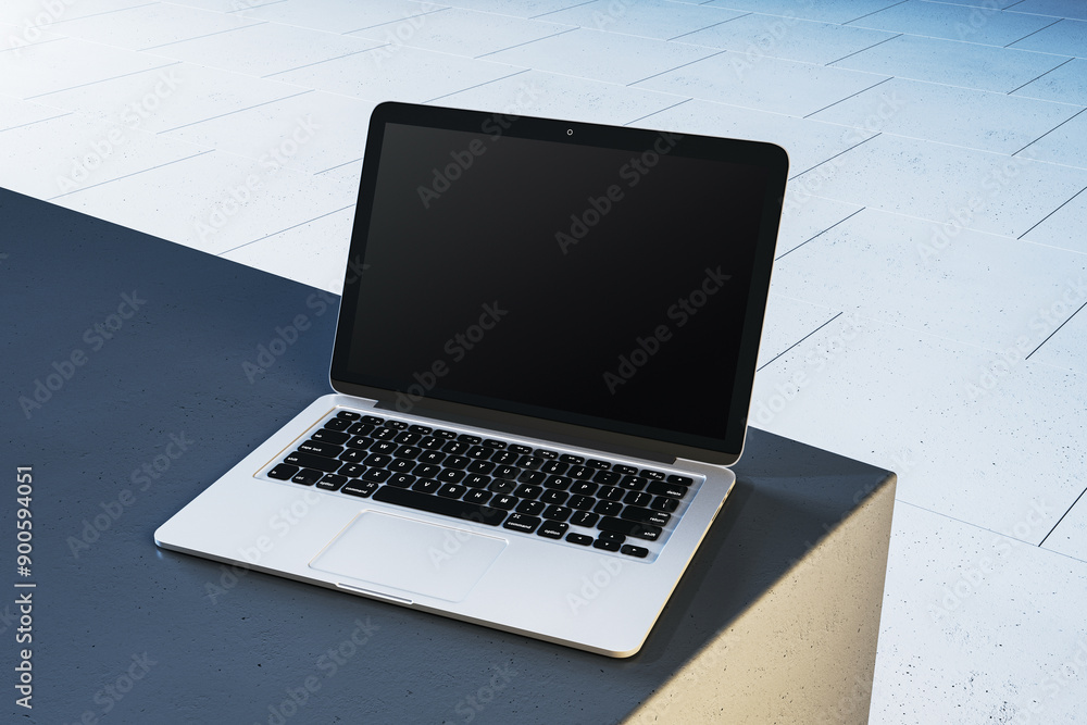 Poster Modern laptop with blank screen on dark surface. 3D Rendering