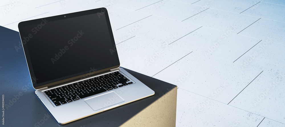 Poster modern laptop with blank screen on minimalist concrete surface. 3d rendering