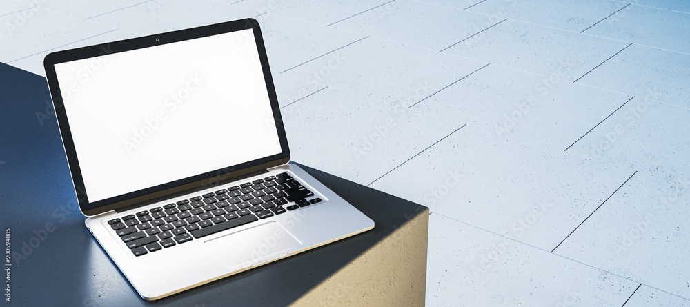 Poster modern laptop with blank screen on a dark surface outdoors. 3d rendering