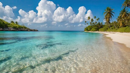 Fototapeta premium Tranquil Tropical Beach Featuring Crystal Clear Water and Lush Palm Trees Under a Bright Blue Sky