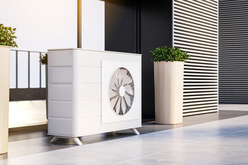 Modern outdoor air conditioner unit on a building terrace. 3D Rendering