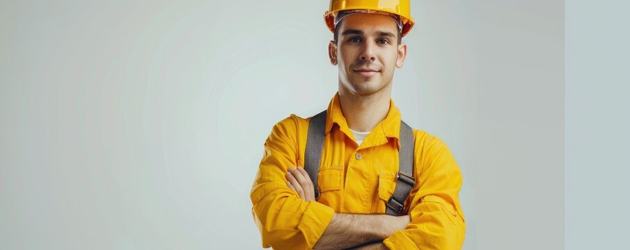 A construction worker is standing confidently in a yellow attire with a helmet, embodying the essence of hard work, professionalism, and safety in the construction field