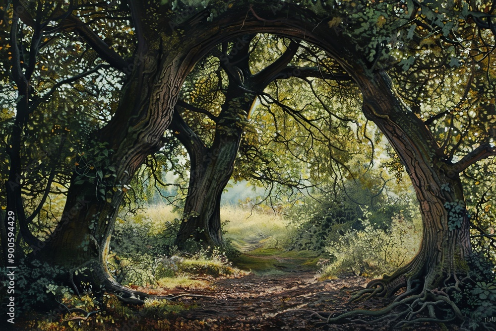Aufkleber Serene Forest Path Framed by Arched Trees Illuminated by Soft Natural Light