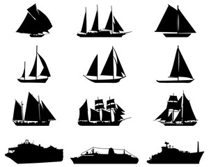 Black silhouettes of sailboats and ships on a white background