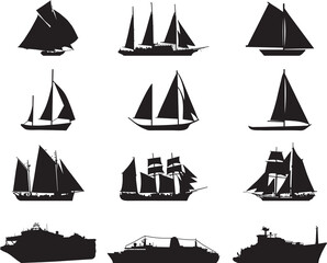 Black silhouettes of sailboats and ships 
