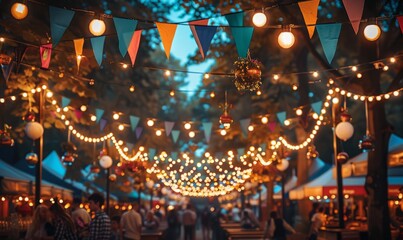 Festive scene with bunting and string lights overhead at the Oktoberfest festival.