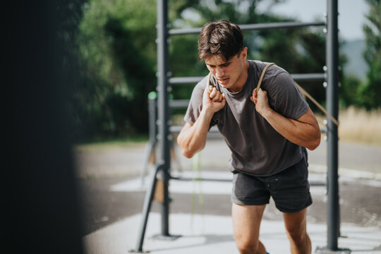 Young man engaged in a challenging calisthenics workout using resistance bands in an outdoor park setting.