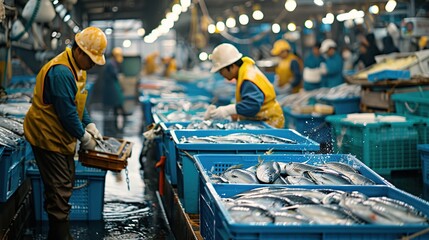 Fish Market Workers Sorting Fresh Catch